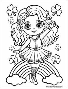 Adorable-Irish-Dancer-Performing-in-Celtic-Dress-Surrounded-by-Lucky-Clovers-Dancing-Coloring-Sheet-for-Kids